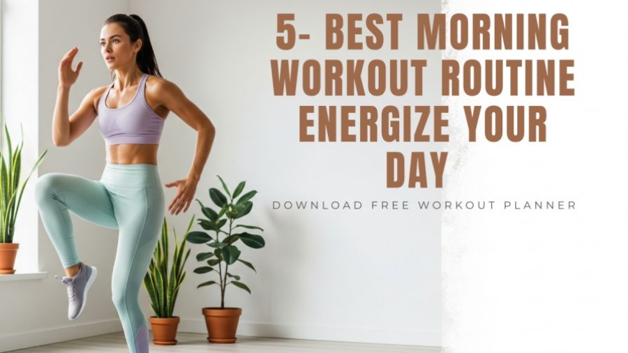 Vibrant woman practicing morning workout routine indoors with potted plants for healthy lifestyle.
